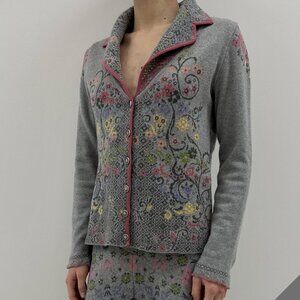 Ivko Wool Button-up Sweater Grey Floral Print Cardigan Size M 38